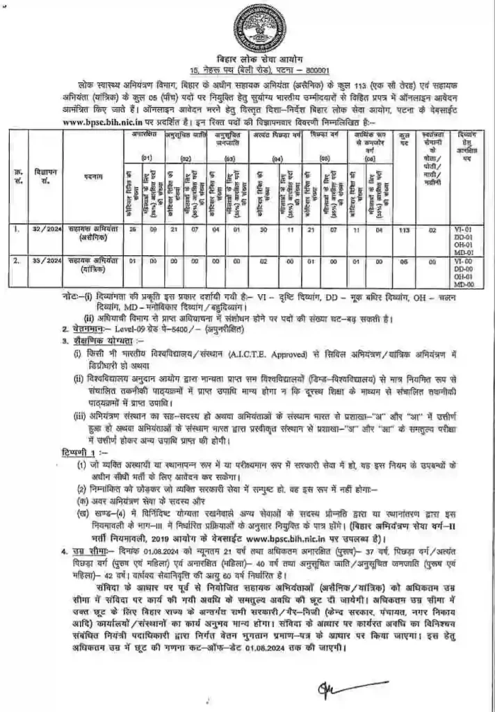 Bpsc assistant engineer vacancy 2024